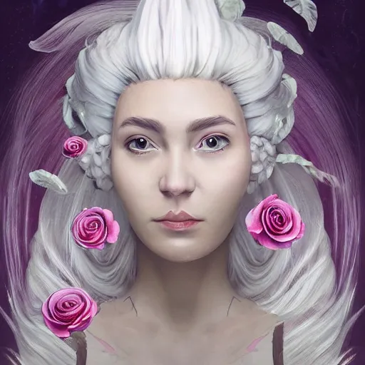 Image similar to a gorgeously defined woman with immensely glowing white hair and [ rose - designed medieval armor ], meditating in tranquility as [ her hair flows ]!!, surrealism art, trending on artstation, portrait!!, intricately detailed