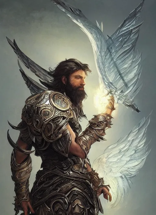 Image similar to Male Aasimar Paladin with shaggy silver hair, brown scruffy beard, energy wings, epic, striking, fantasy, intricate, elegant, highly detailed, digital painting, artstation, concept art, smooth, sharp focus, illustration, art by Krenz Cushart and Artem Demura and alphonse mucha