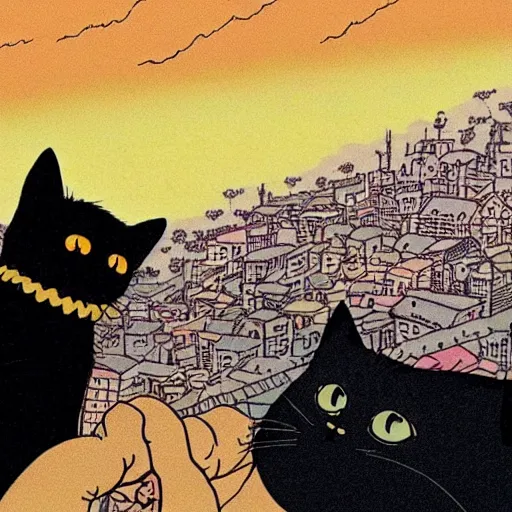 Image similar to a black cat and pug dog hold hands and look out over a city, Miyazaki, studio ghibli