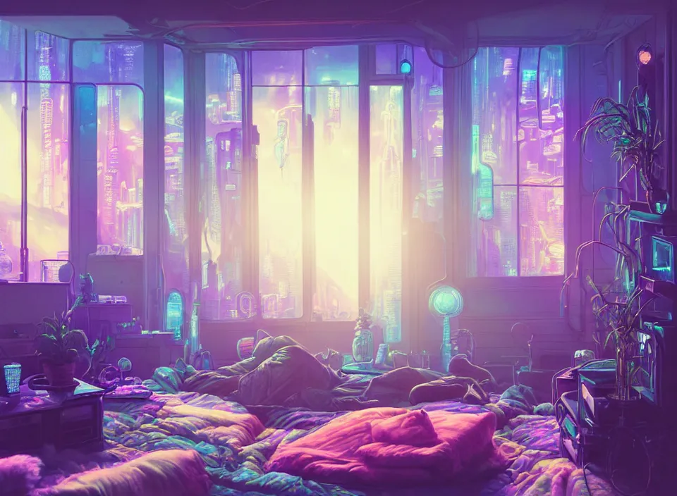 Image similar to telephoto photograph depicting the experience of acceptance in a cosy cluttered french sci - fi ( art nouveau ) cyberpunk apartment in a pastel dreamstate art cinema style. ( iridescent terrarium!, computer screens, window ( city ), leds, lamp, ( ( ( terrarium bed ) ) ) ), ambient light.