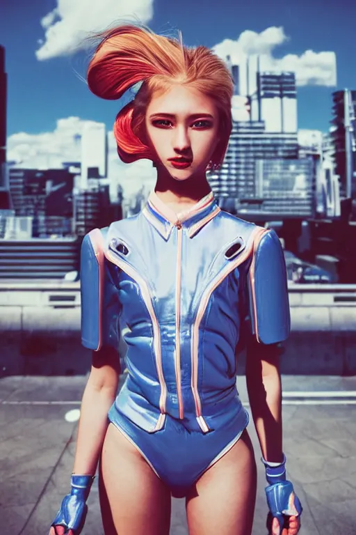 Prompt: Kodak Portra 400,8K,highly detailed: beautiful three point perspective extreme closeup portrait photo in style of 2000s frontiers in cosplay retrofuturism tokyo seinen manga street photography fashion edition, tilt shift zaha hadid style tokyo background, highly detailed, focus on girl;vaporwave ;blonde hair;blue eyes;pointé pose, clear eyes, soft lighting