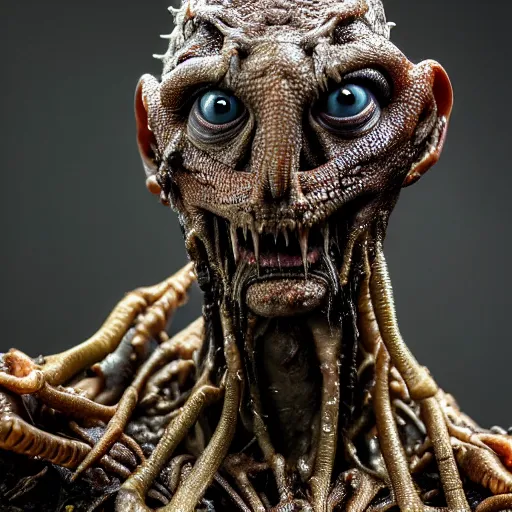 Prompt: photo taken of an epic intricate, ultra detailed, super realistic gritty, wet, slimy, lifelike sculpture of a nightmarish hellish humanoid faced insectoid creature created by weta workshop, menacing, some zoomed in shots, photorealistic, sharp focus, white wall, extremely cold blueish colour temperature, f 1. 4, full body shot, golden ratio