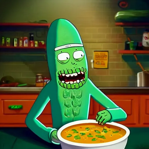 Image similar to pickle rick serving in a soup kitchen, pickle rick serving soup, kindness, detailed portrait, matte painting