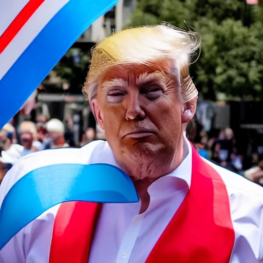 Image similar to photograph of donald trump wearing a trans flag suit at a pride parade