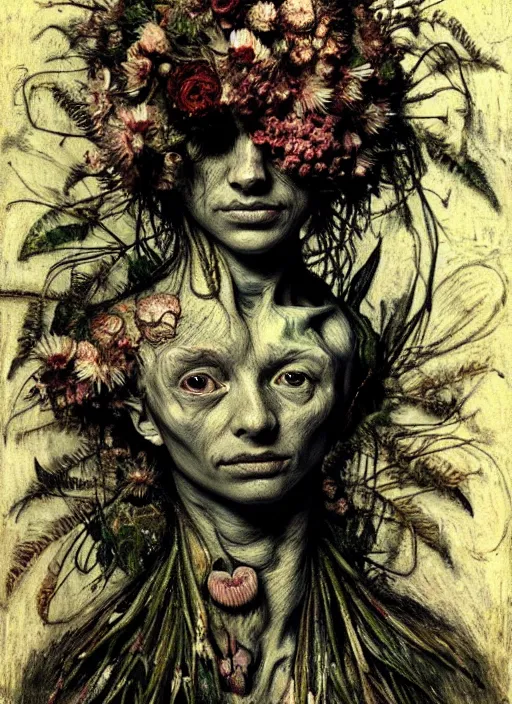 Image similar to beautiful and detailed rotten woman made of plants and many different types of flowers, muscles, intricate, organs, ornate, surreal, john constable, guy denning, dan hillier, manera, van gogh, caravaggio