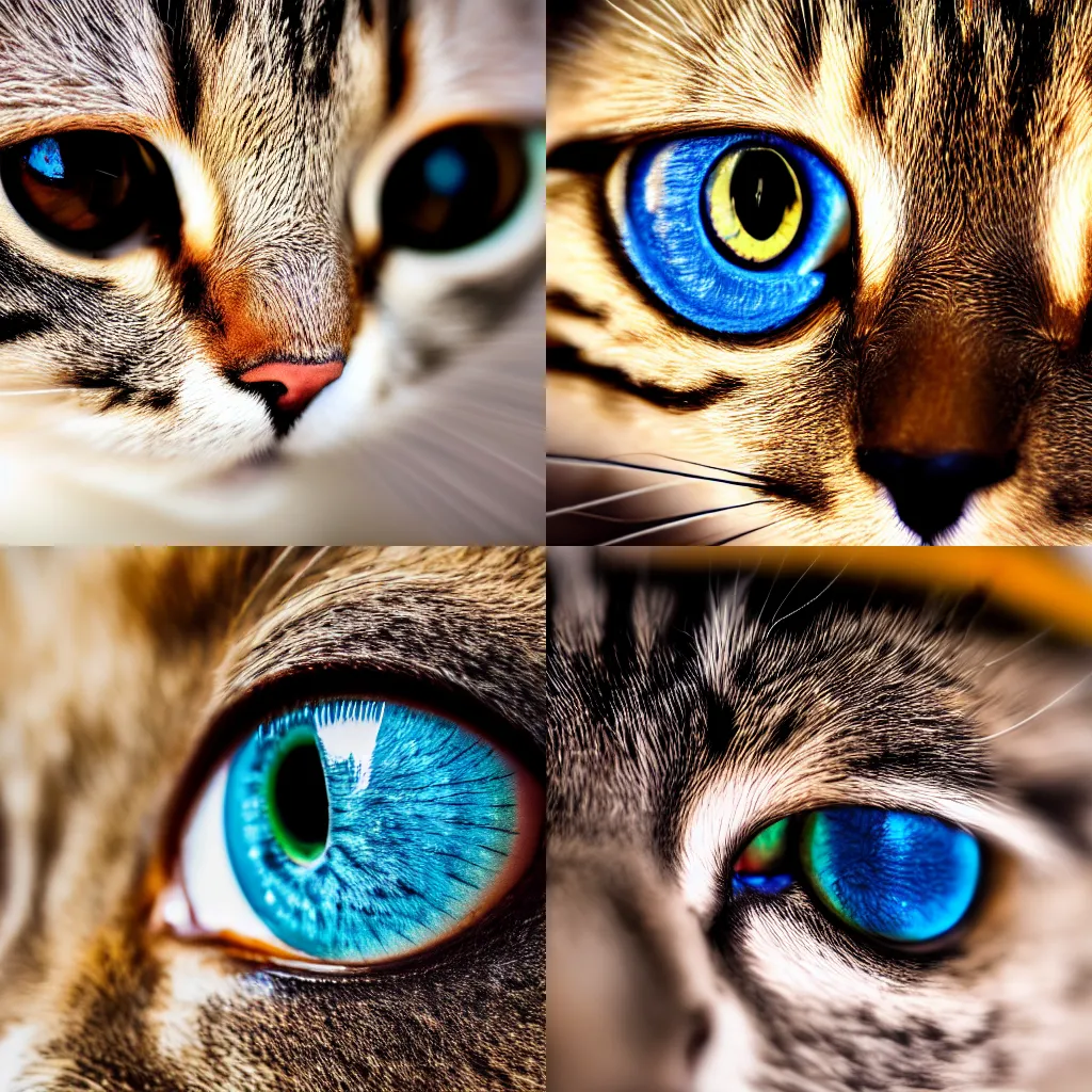 Prompt: macro photo of a cat eye, macro photography, beautiful, sharp focus, full color, high quality, 4 k,