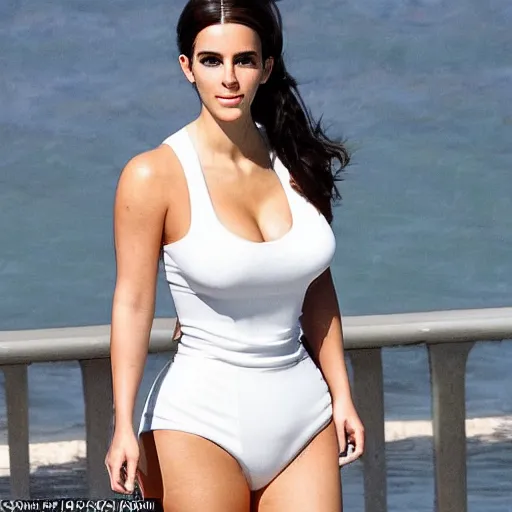 Image similar to a woman who is a genetic combination of kim kardashian and emma watson face and upper - body focus