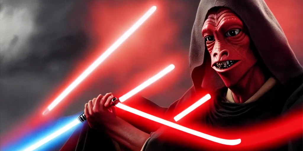 Image similar to jar jar binks as a sith lord, holding a red lightsaber