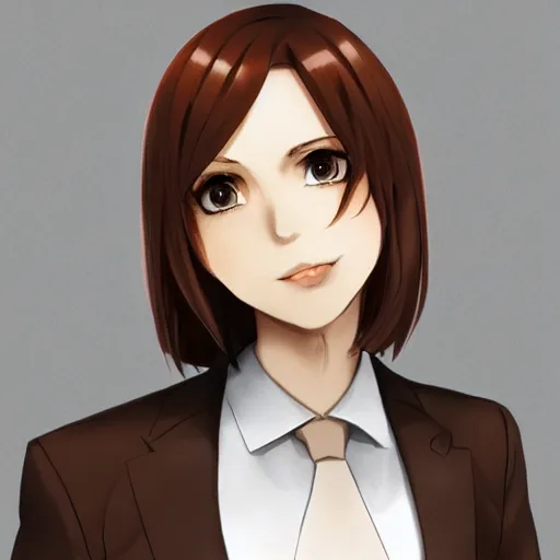 Image similar to woman in business suit, brown neat hair, animesque, pixiv, fanbox, trending on artstation, digital art, portrait, modern, sleek, highly detailed, formal, serious, determined, competent, colorized, smooth, charming, pretty, safe for work, law office