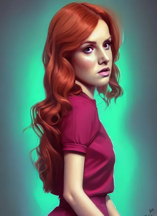 Image similar to full body portrait of teenage cheryl blossom, bangs, green eyes, sultry expression, red hair, sultry smirk, bangs and wavy hair, pink skirt, bangs, intricate, elegant, glowing lights, highly detailed, digital painting, artstation, concept art, smooth, sharp focus, illustration, art by wlop, mars ravelo and greg rutkowski