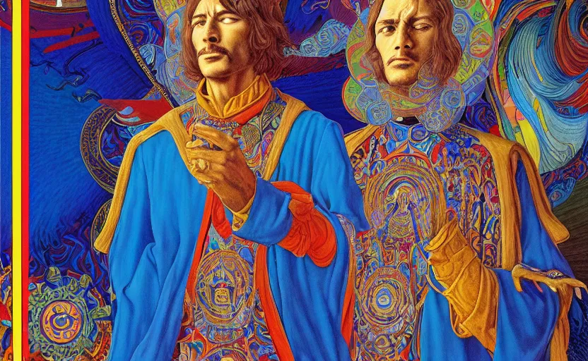 Image similar to an breath - taking jean giraud work of art of john lenon in the style of a renaissance masters portrait, mystical and new age symbolism and tibetan book of the dead imagery, intricately detailed, the beatles imagery, 4 k