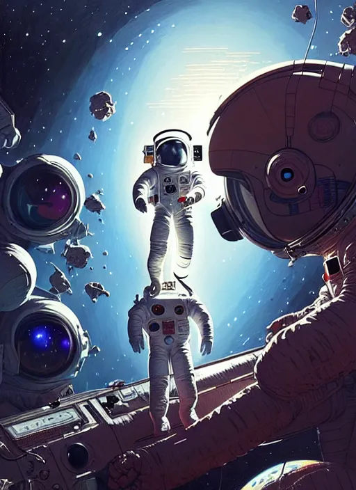 Prompt: masterpiece concept art, astronaut lost in space, by greg rutkowski and geof darrow, 8 k, intricate detail, cinematic lighting