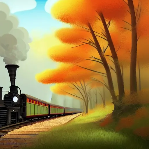 Image similar to Goro Fujita illustrating An antique steam train with a large white cloud coming out of the chimney travels through a beautiful autumn forest along the railroad tracks, art by Goro Fujita, concept art, sharp focus, ArtStation