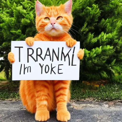 Image similar to a cute fluffy orange tabby cat holding a sign that says