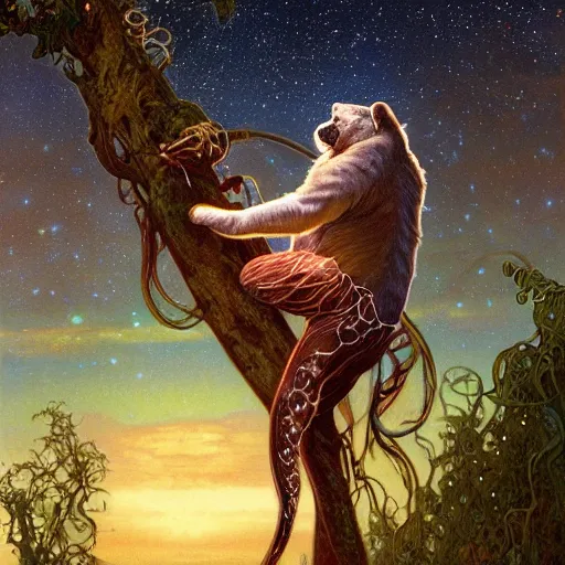 Prompt: a realistic oil painting of a jellyfish panther hunting on a tree branch, at night with a sky full of stars, highly detailed, trending on artstation, by james gurney and michael whelan and krenz cushart and alphonse mucha