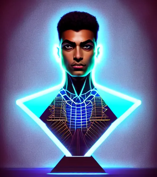 Image similar to symmetry!! egyptian prince of technology, solid cube of light, hard edges, product render retro - futuristic poster scifi, lasers and neon circuits, brown skin man egyptian prince, intricate, elegant, highly detailed, digital painting, artstation, concept art, smooth, sharp focus, illustration, dreamlike, art by artgerm