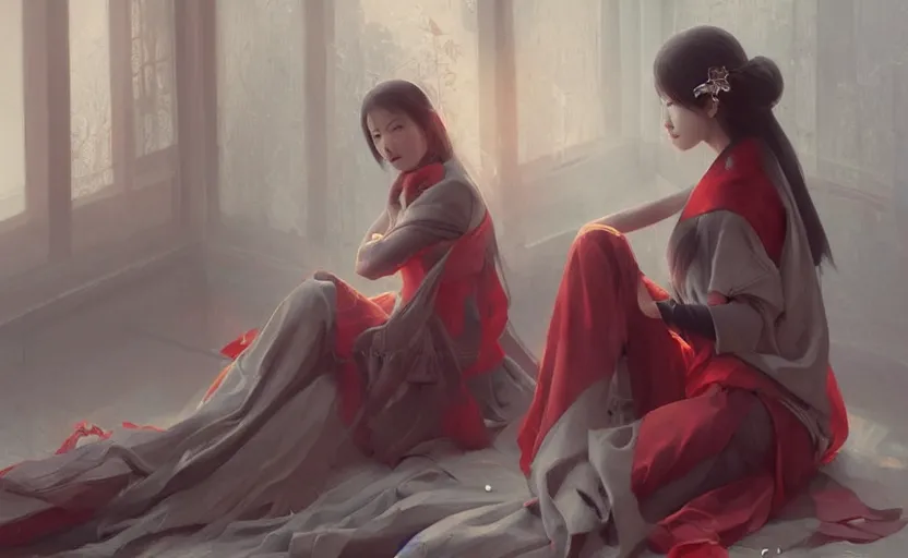 Prompt: beautiful asian women sitting, soft grey and red natural light, intricate, digital painting, artstation, concept art, smooth, sharp focus, illustration, art by greg rutkowski and luis rollo and uang guangjian and gil elvgren, symmetry!