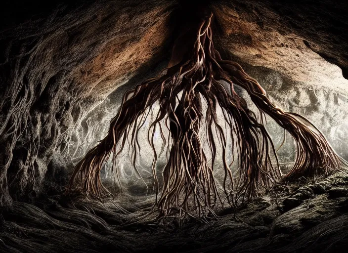 Image similar to photo of roots growing down from a ceiling in an underground cavern wrapped around a woman. Fantasy magic horror style. Highly detailed 8k. Intricate. Nikon d850 55mm. Award winning photography. Nekro