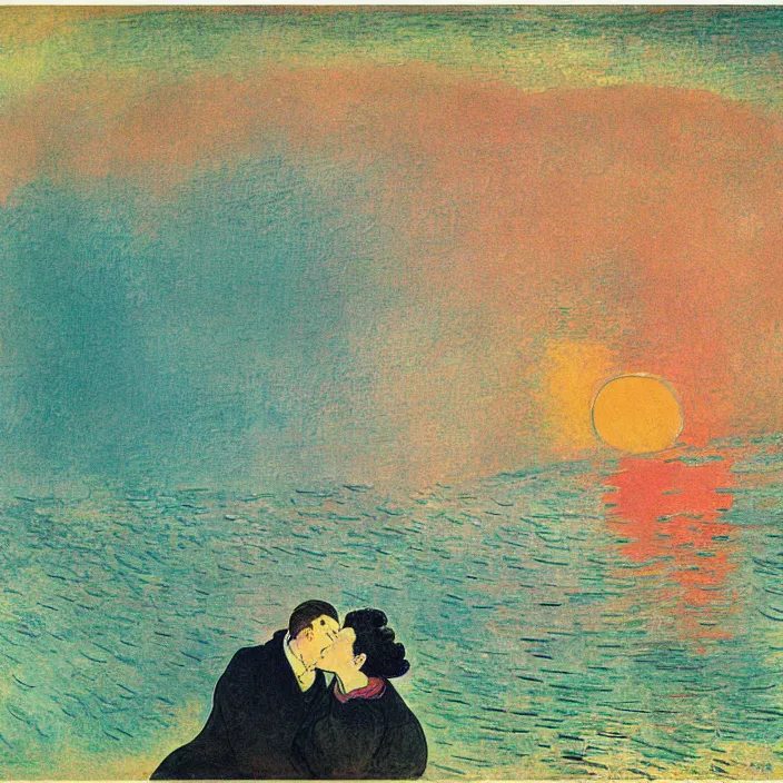 Image similar to close view of woman and man kissing. tsunami great wave, sun setting through the storm clouds. iridescent, vivid psychedelic colors. painting by henri de toulouse - lautrec, utamaro, monet, gauguin