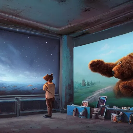 Image similar to a paint of dan mumford, of a robotic teddy bear painting a picture of a cute bear, in the background an apocalyptic panorama, octane render, unreal engine 5, greg rutkowski