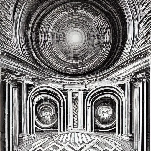 Prompt: full portrait and / or landscape painting for a wall. aether / ether / odin rays & fibonacci sequence on tartarian / roman architecture. fibonacci spacing high definition, axonometric drawings, liminal ( diffusion, spaces, and environments ). latent space environment chirality expression. think like a baby.