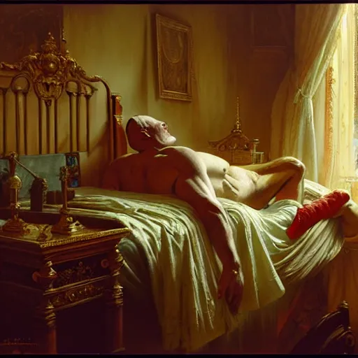 Image similar to the pope wakes up is his bed, sweating, nervous, terrified, because a double horned shadow demon lurks in the papal bedroom. highly detailed painting by gaston bussiere, j. c. leyendecker, greg rutkowski, craig mullins 8 k