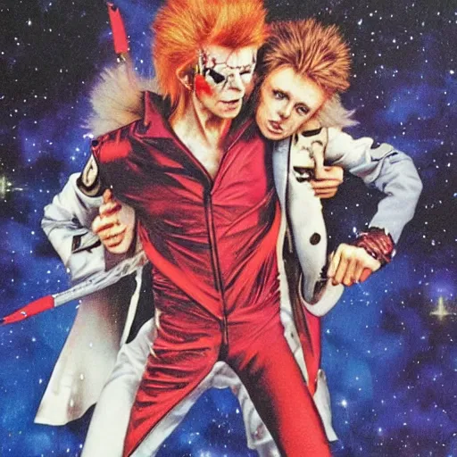 Prompt: david bowie giving a piggy back ride to ziggy stardust. glam rock. cosmic. peter elson. detailed faces over shoulder