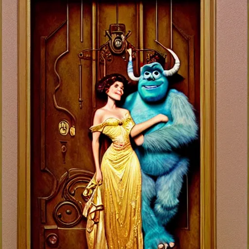 Image similar to portrait of sulley from monsters inc in front of house door. painting by gaston bussiere craig mullins jc leyendecker gustav klimt artgerm greg rutkowski john berkey, bergey, craig mullins, ruan jia, raymond swanland, tom lovell