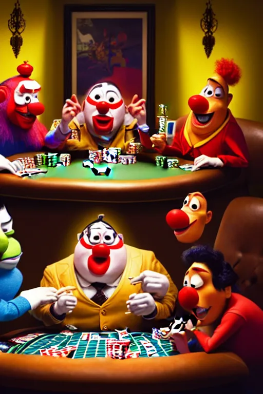 Image similar to pixar serious people playing poker, an angry clown is sitting at the table, screaming | glamorous oily soft polished rich ornate modern | weta disney pixar movie still photo | hi - fructose, sci fi fantasy, smooth, octane render, sharp focus, artstation, concept art | artgerm, mucha, rutkowski, feng zhu, wlop, loish