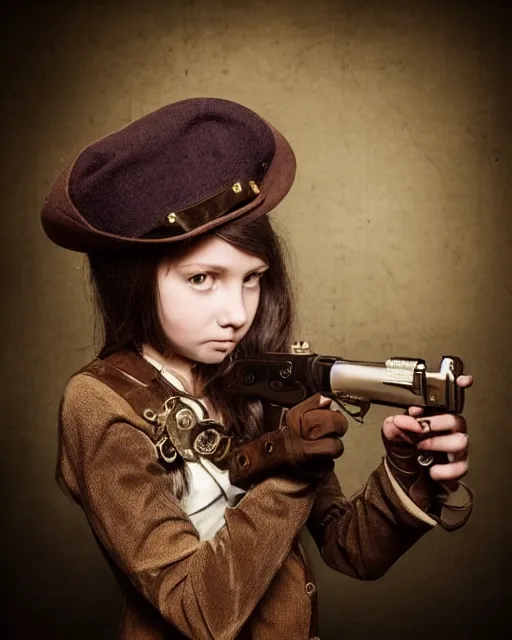 Prompt: Young girl in steampunk clothes, she wears boots and a gun, sharp focus, photography, very detailed, dark hair, by nikon, by Iphone, 4k