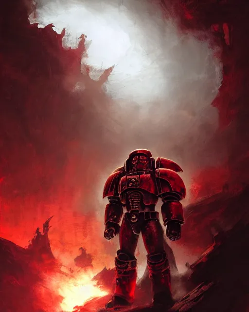 Image similar to A singular blood angel space marine in the foreground. At night, underexposed, clean horizon, matte painting by craig mullins and dan mumford, cinematic, warhammer 40k, dark sci-fi,concept art trending on artstation, 4k, insane details