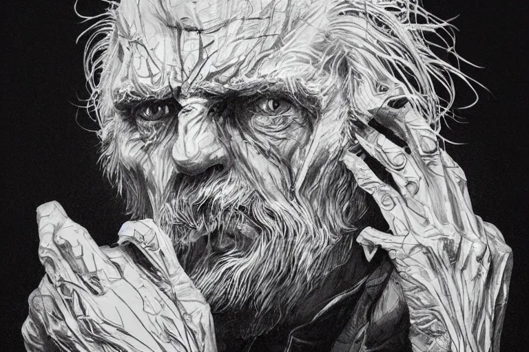 Prompt: intricate and dramatic sketch of an angry old man, messy white hair, wearing dark trenchcoat, with his hands spread, hyperdetailed, 80mm lens, by Greg Rutkowski and guweiz, white ink sketch on black paper