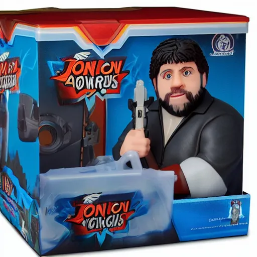 Image similar to Jontron action figure in its package, highly detailed product photo