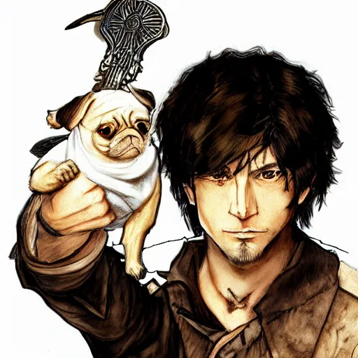 Prompt: self portrait, young white hispanic handsome man with short light brown hair and light skin and a 5 o clock shadow, holding a pug for a picture, fighting against 2 swordsmen pencil art, added detail, high definiton, colored, backfacing, illustrated by yoji shinkawa