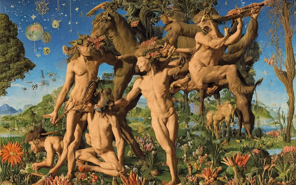 Image similar to a portrait photograph of a meditating satyr and a centaur monk riding a rocket machine and hunting at a river delta. surrounded by bulbous flowers and trees. mountain range under a blue sky of fiery stars. by jan van eyck, max ernst, ernst haeckel, ernst fuchs and artgerm, cgsociety, fashion editorial, 8 k