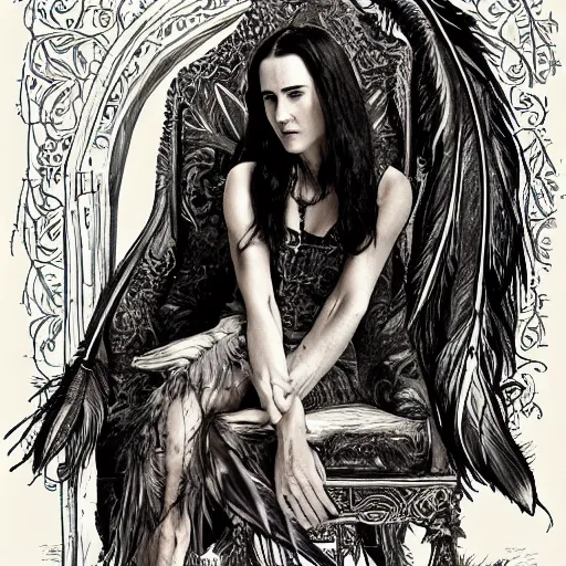 Prompt: young innocent jennifer connelly as innocent gothic beauty with black feathers instead of hair, eyes closed, mutant, sad, feathers growing out of skin, sitting in opulent chair, romantic, comic book cover, vivid, beautiful, illustration, highly detailed, rough paper, dark, oil painting