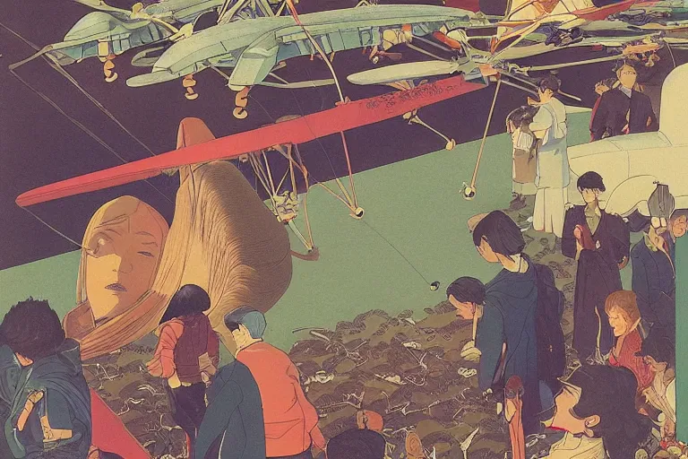 Image similar to gigantic dragonflies with human faces catch tiny planes, a lot of exotic mechas robots around, human heads are all over the ground, risograph by kawase hasui, dirtyrobot, edward hopper, satoshi kon and moebius, colorful flat surreal design, super - detailed, a lot of tiny details, fullshot