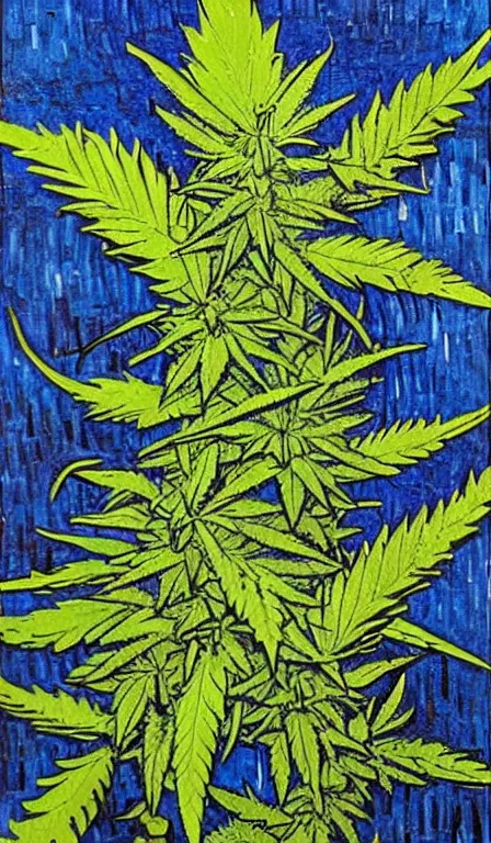Image similar to devil spreads his hands against the background of growing cannabis. an oil painting in the style of van gogh