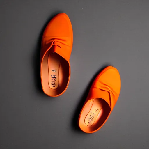 Prompt: an ultra high definition professional studio photograph, 5 0 mm f 1. 4 iso 1 0 0. the photo is set in a plain white room with a plain white plinth centrally located. the photo depicts a fashionable jelly shoe. the colour of the jelly shoe is orange.