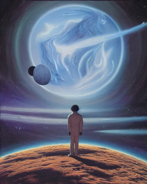 Prompt: a painting of a man standing in front of a planet, a detailed matte painting by david a. hardy and by les edwards and by ralph mcquarrie, featured on deviantart, space art, sci - fi, dystopian art, matte painting