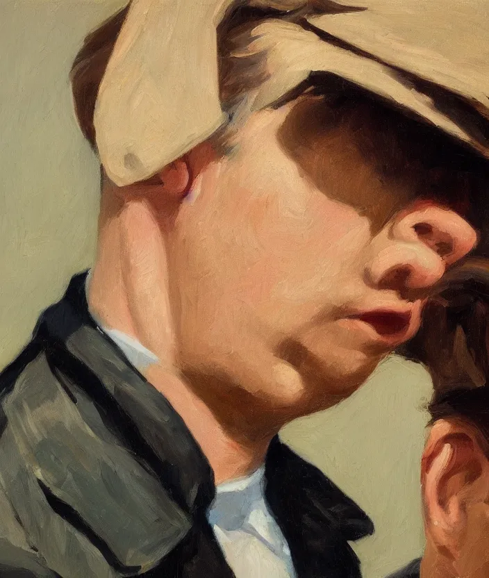 Image similar to a very detailed closeup portrait of a man, a leather jacket over his shoulder, in the style of edward hopper and oswald hornby joseph birley, very small brushstrokes, 4 k,