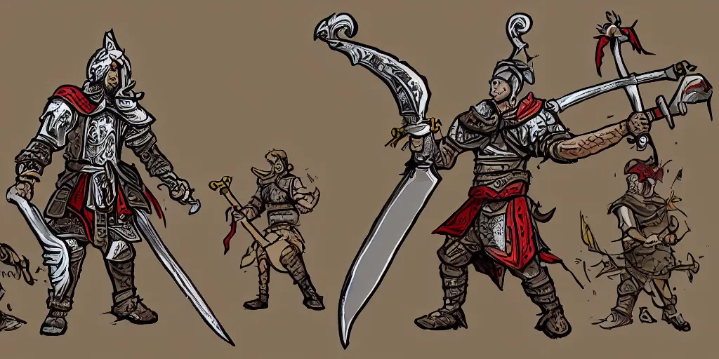 Image similar to warrior with a comically oversized sword staring down a group of enemies, digital art, pixel art