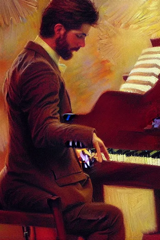 Image similar to attractive man playing piano, painting by gaston bussiere, craig mullins