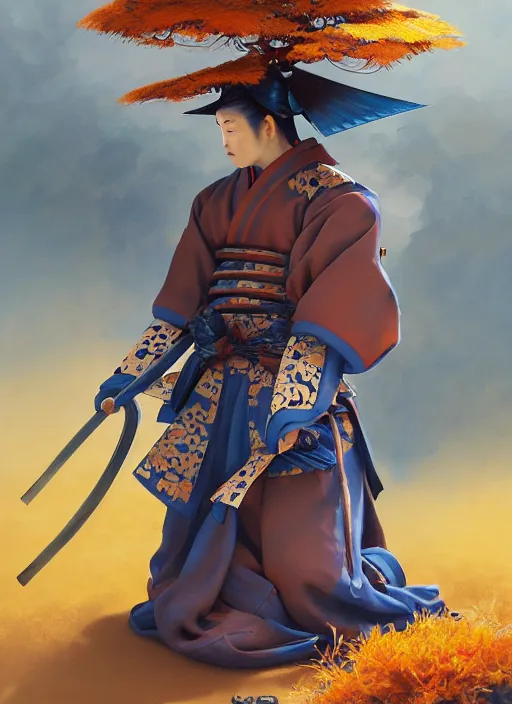 Prompt: kitsune samurai in autumn color kimono holding a blue sparrow, subsurface scattering, by jesper ejsing, justin gerard, tomasz alen kopera, cgsociety and fenghua zhong, highly detailed, rim light, cinematic lighting, illustration, art, octane render, very coherent, cinematic, hyper realism, high detail, octane render, 8 k