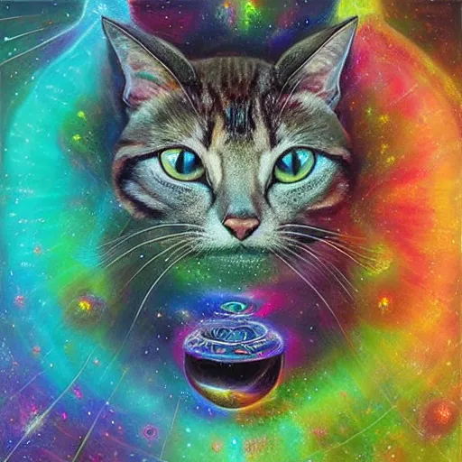 Image similar to a galaxy colored psychedelic chakra awakening kundalini ethereal portrait of a cat with her eyes closending to a higher plane of existence, eternal blessing, multiverse, by android jones, by ben ridgeway, visionary art, by artgerm, featured on artstation, cgsociety, by greg rutkowski