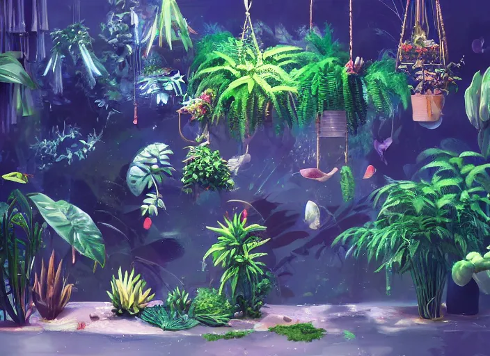 Prompt: clean neat clarity professional visual development set design, messy cozy store with hanging cages and bright aquariums, ferns and foliage, dim painterly lighting volumetric aquatics, impasto, trending on pixiv