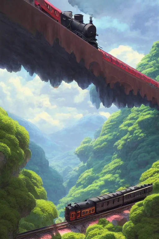 Prompt: a highly detailed matte painting of a steam train going through a beautiful valley by studio ghibli, makoto shinkai, by artgerm, by wlop, by greg rutkowski, volumetric lighting, octane render, 4 k resolution, trending on artstation, masterpiece