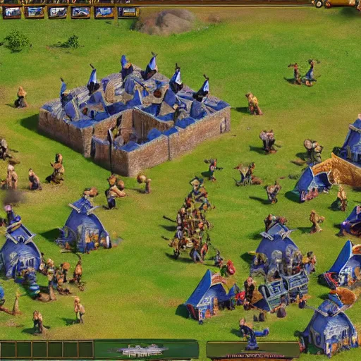 Image similar to a group of giant minions standing near a Town Center in the game Age of Empires