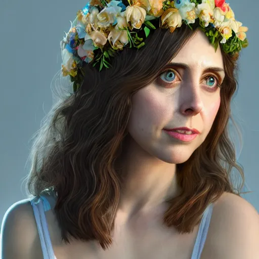 Prompt: intricate highly detailed face portrait of alison brie, flower crown on her head, intricate, cgsociety, unreal engine, octane render, sharp focus, smooth, volumetric lighting, cinematic composition, artstation