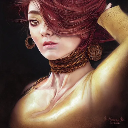Prompt: portrait of a Shibari rope wrapped face and neck, headshot, insanely nice professional hair style, dramatic hair color, digital painting, of a old 18th century, Royal Emperor, amber jewels, baroque, ornate clothing, scifi, realistic, hyperdetailed, chiaroscuro, concept art, art by Franz Hals and Jon Foster and Ayami Kojima and Amano and Karol Bak,